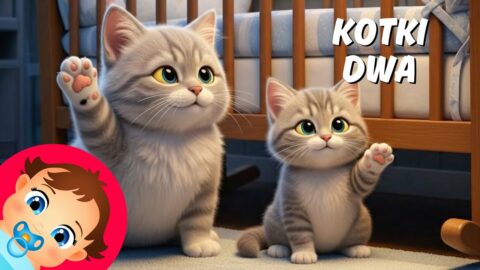 Dwa małe, śpiące kotki przytulone do siebie na miękkiej poduszce pod nocnym niebem – grafika do kołysanki Aaa kotki dwa.