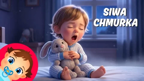 Uśmiechnięta siwa chmurka unosząca się nad śpiącym dzieckiem – kadr z animacji 3D do kołysanki Siwa Chmurka.