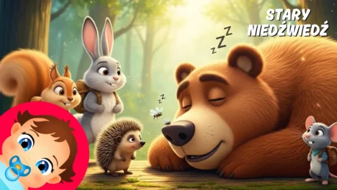 Śpiące dziecko przytulone do pluszowego misia – ilustracja do artykułu o sposobach na usypianie przy piosence Stary niedźwiedź mocno śpi.